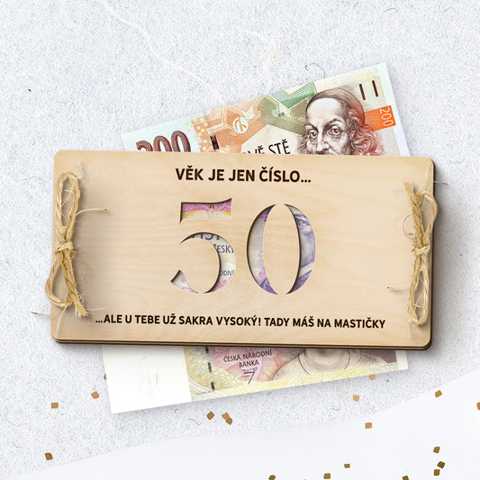 Dřevěná obálka na peníze – Věk s vlastním textem